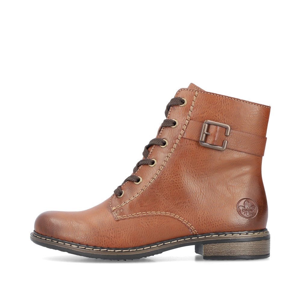 Bottes à lacets Rieker marron pour femme 71202-24 avec boucle décorative. Côté extérieur de la chaussure.