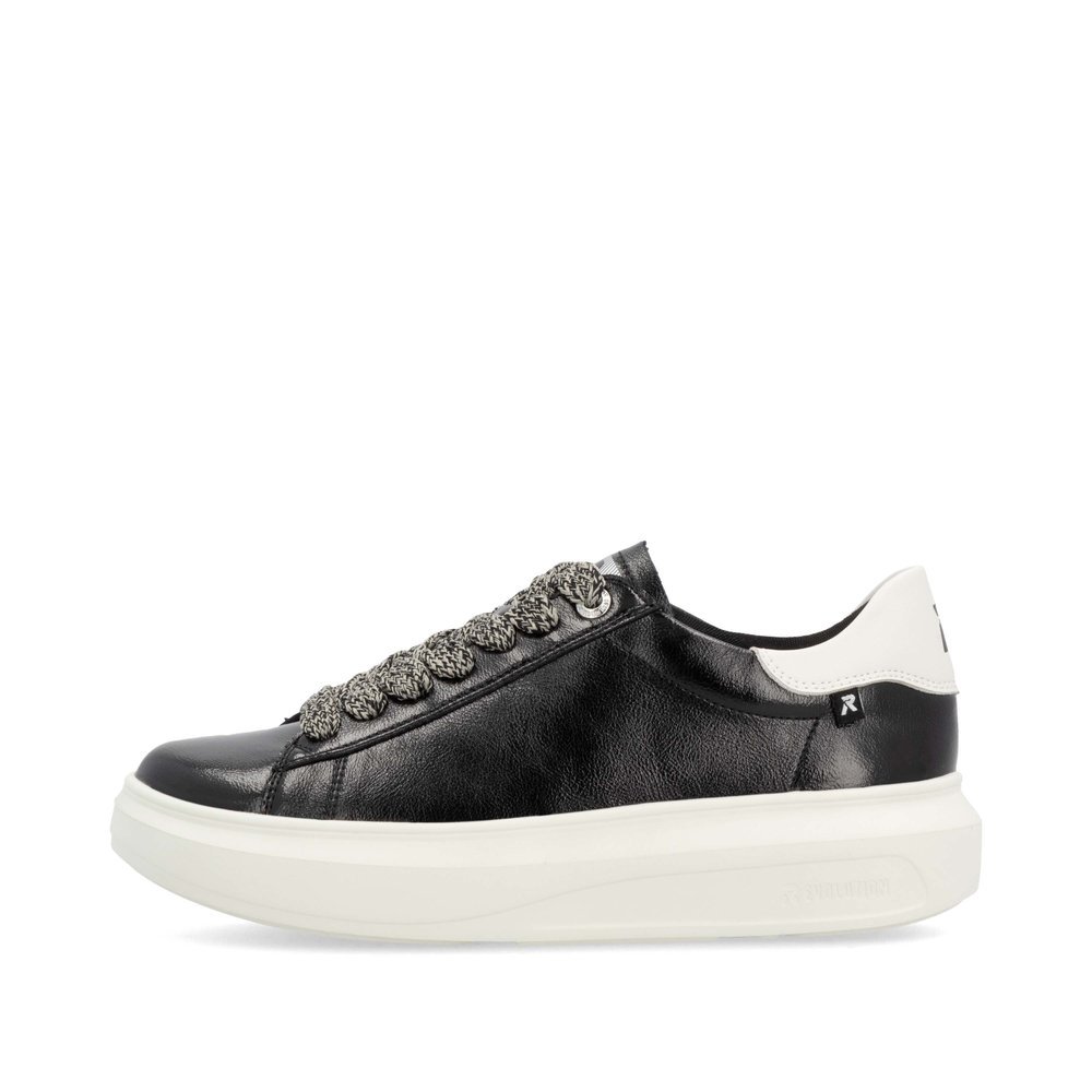 Black Rieker women´s low-top sneakers W1205-00 with an ultra light platform sole. Outside of the shoe.