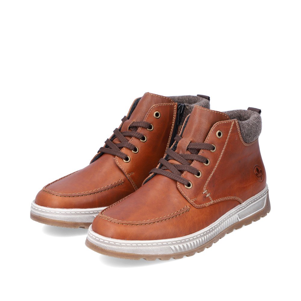 Fox brown Rieker men´s lace-up boots 37022-24 with zipper as well as extra width H. Shoes laterally.