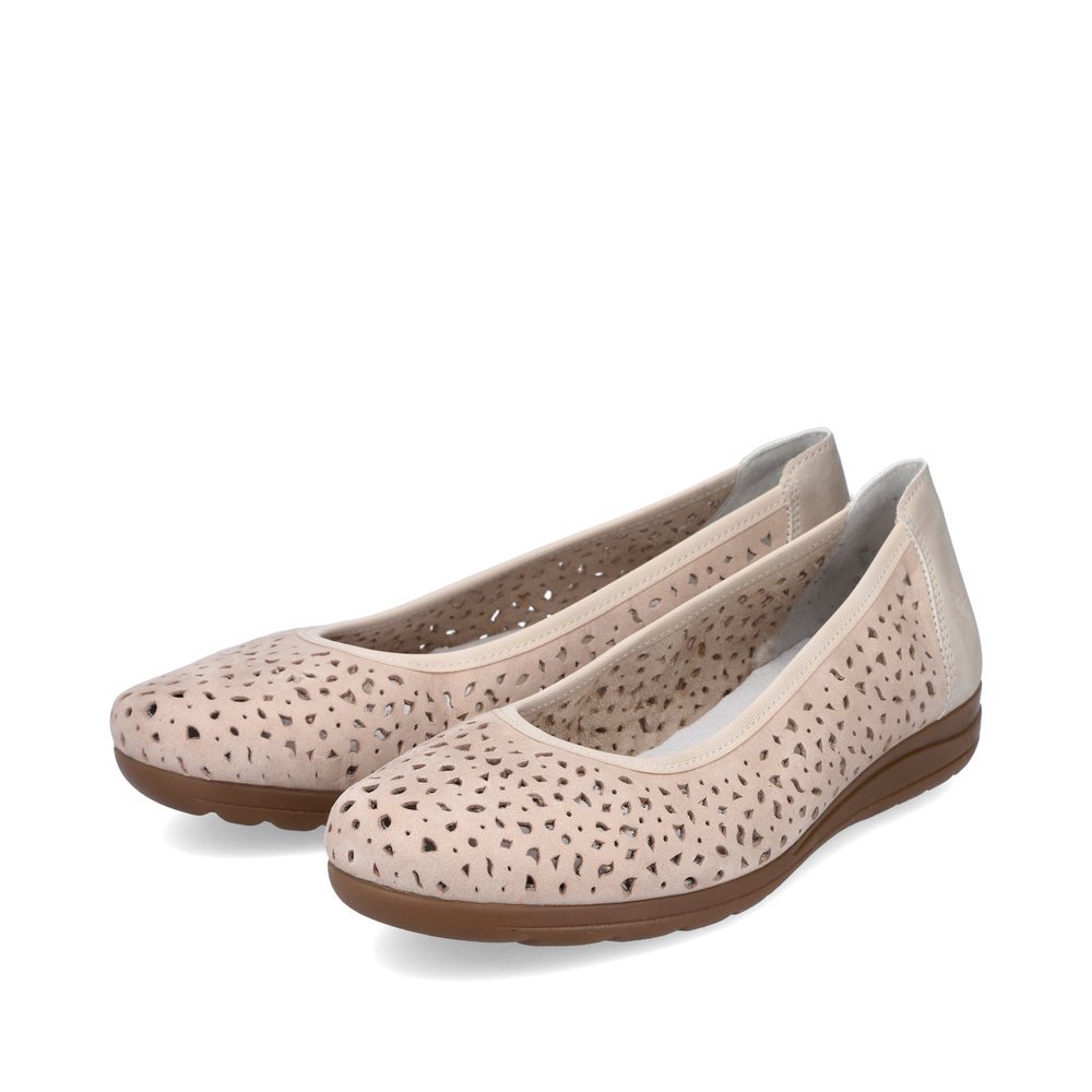 Cream beige Rieker women´s ballerinas L9365-61 in perforated look. Shoes laterally.