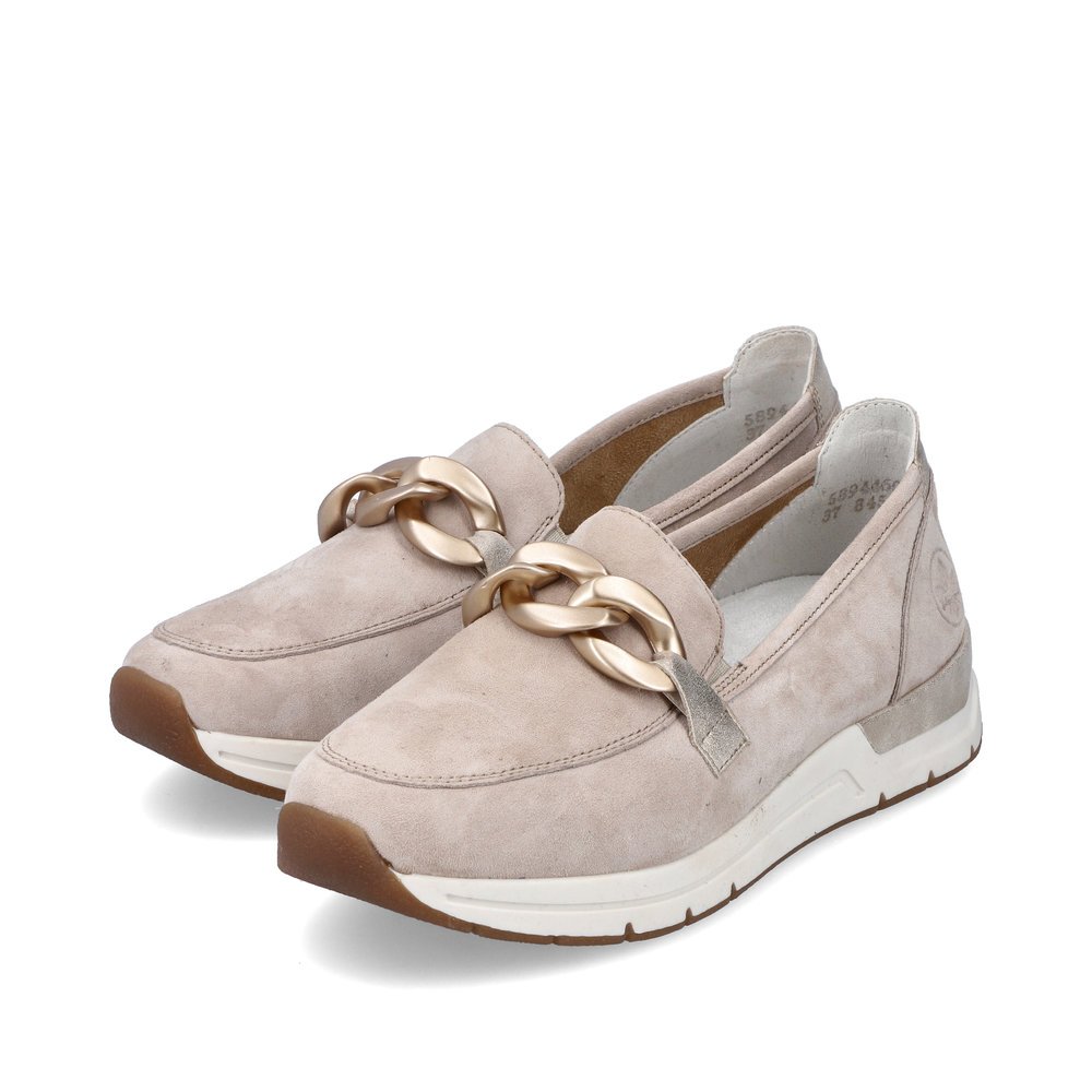 Beige Rieker women´s loafers 58944-60 with elastic insert as well as golden chain. Shoes laterally.