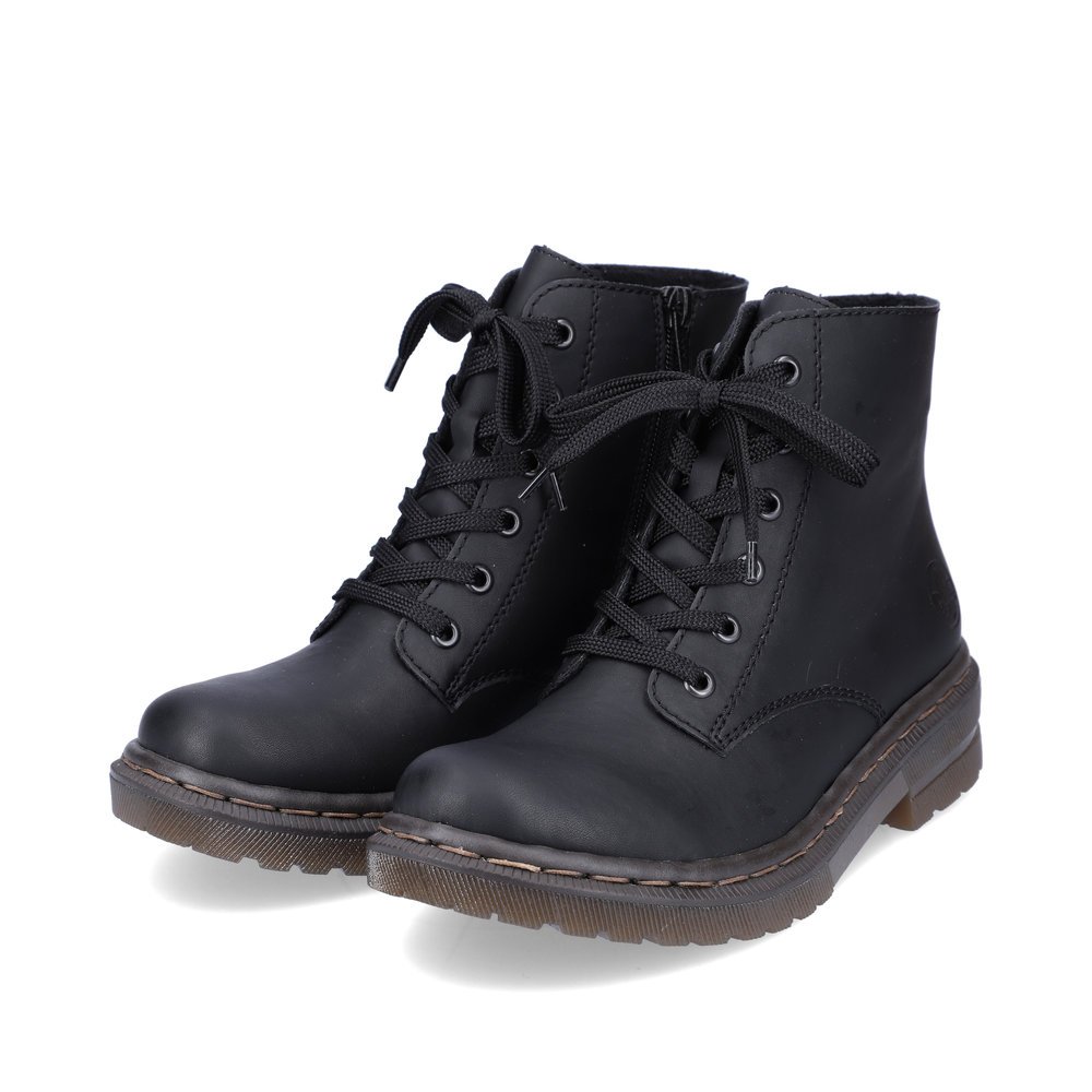 Carbon black Rieker women´s lace-up boots 78240-00 with a zipper. Shoes laterally.