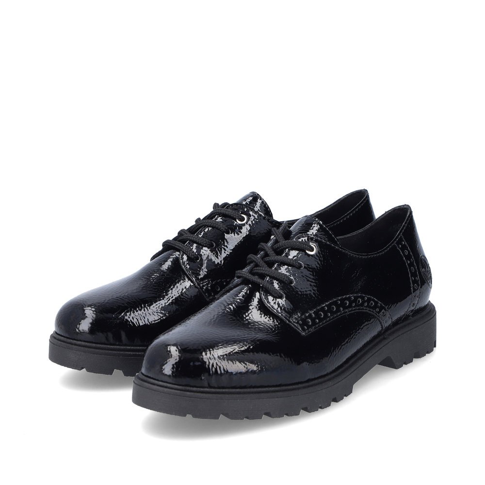 Jet black Rieker women´s lace-up shoes 45502-00 with an extra soft cover sole. Shoes laterally.