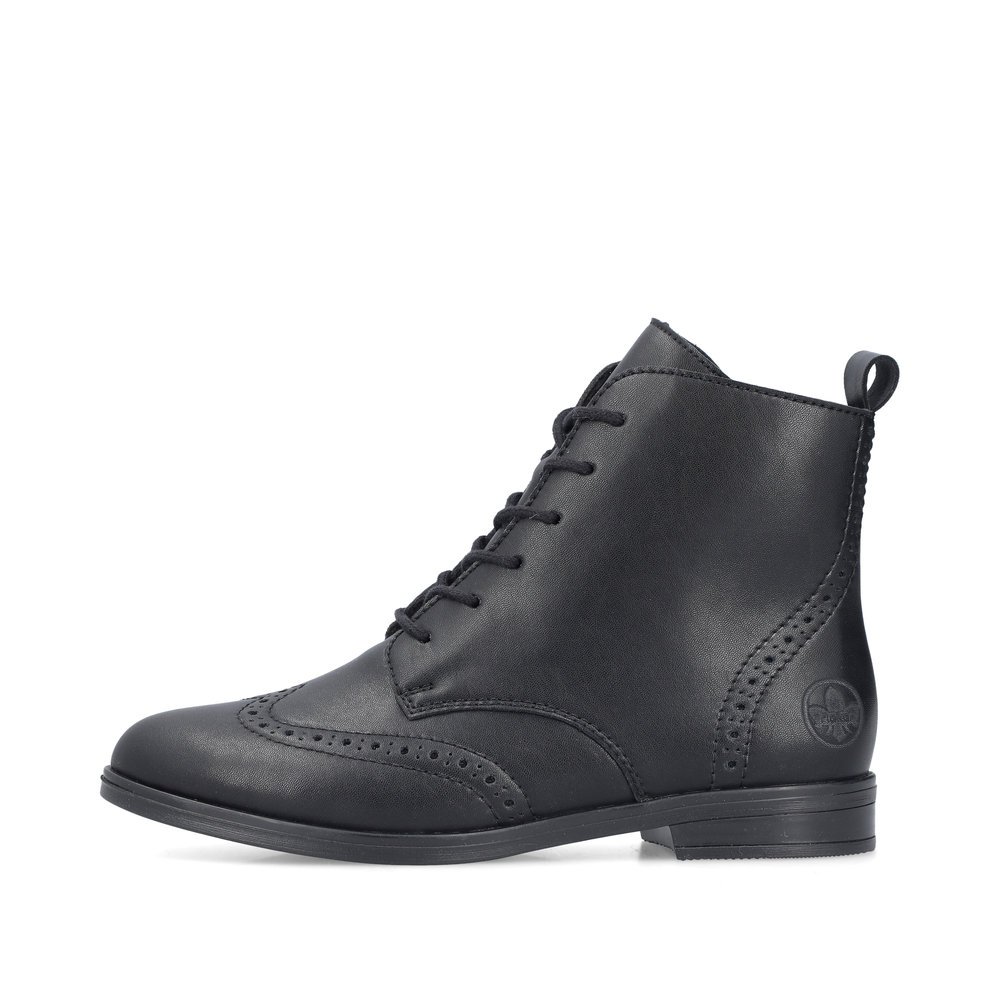 Matt black Rieker women´s lace-up boots 46231-00 with a zipper. Outside of the shoe.