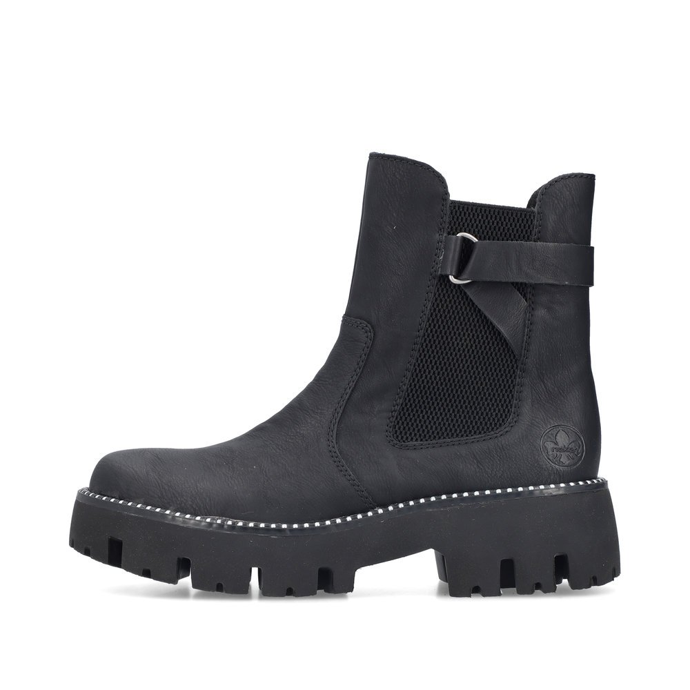 Tiefschwarze Rieker Damen Chelsea Boots Y3380-00 mit einem Reißverschluss. Schuh Außenseite.