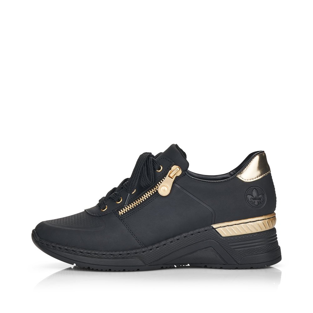 Black Rieker women´s lace-up shoes N4305-00 with a golden details as well as zipper. Outside of the shoe.