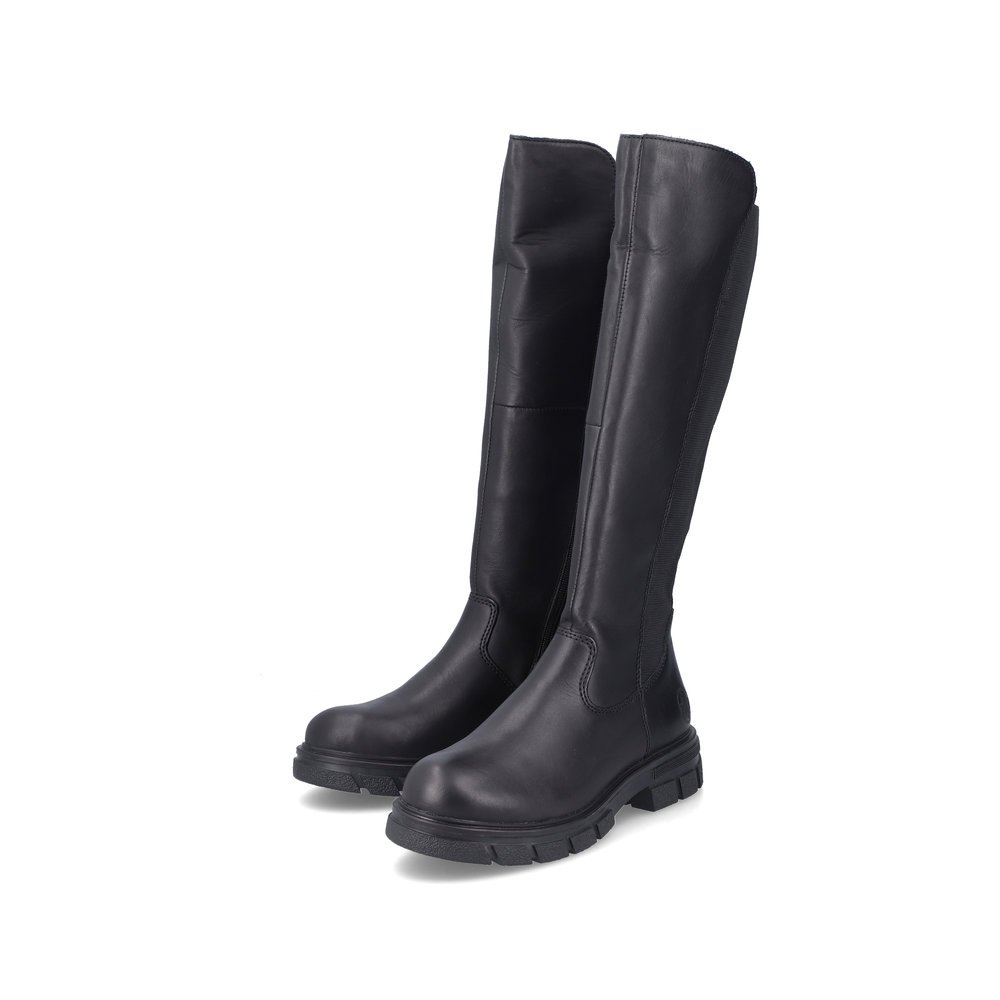 Jet black Rieker women´s high boots Z9158-00 with a zipper. Shoes laterally.