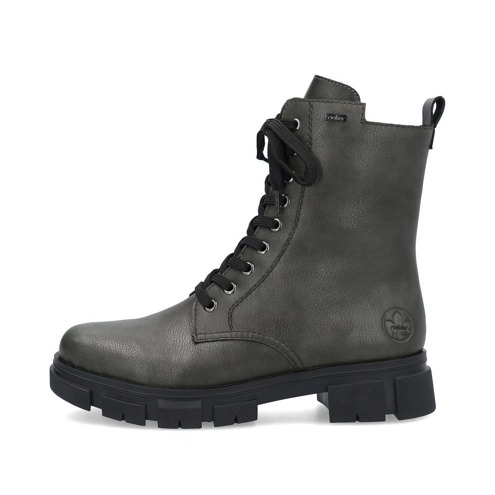 Grüngraue Rieker Damen Biker Boots Y7102-52 mit einem Reißverschluss. Schuh Außenseite.