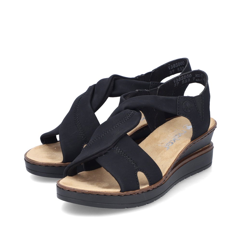 Black Rieker women´s wedge sandals V3850-00 with an elastic insert. Shoes laterally.