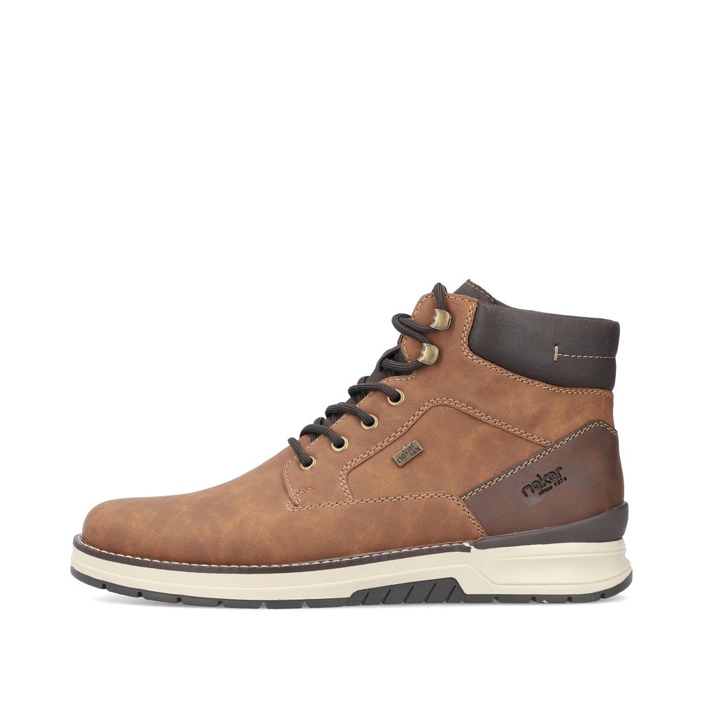 Brown Rieker men´s lace-up boots 32330-24 with RiekerTEX membrane as well as zipper. Outside of the shoe.