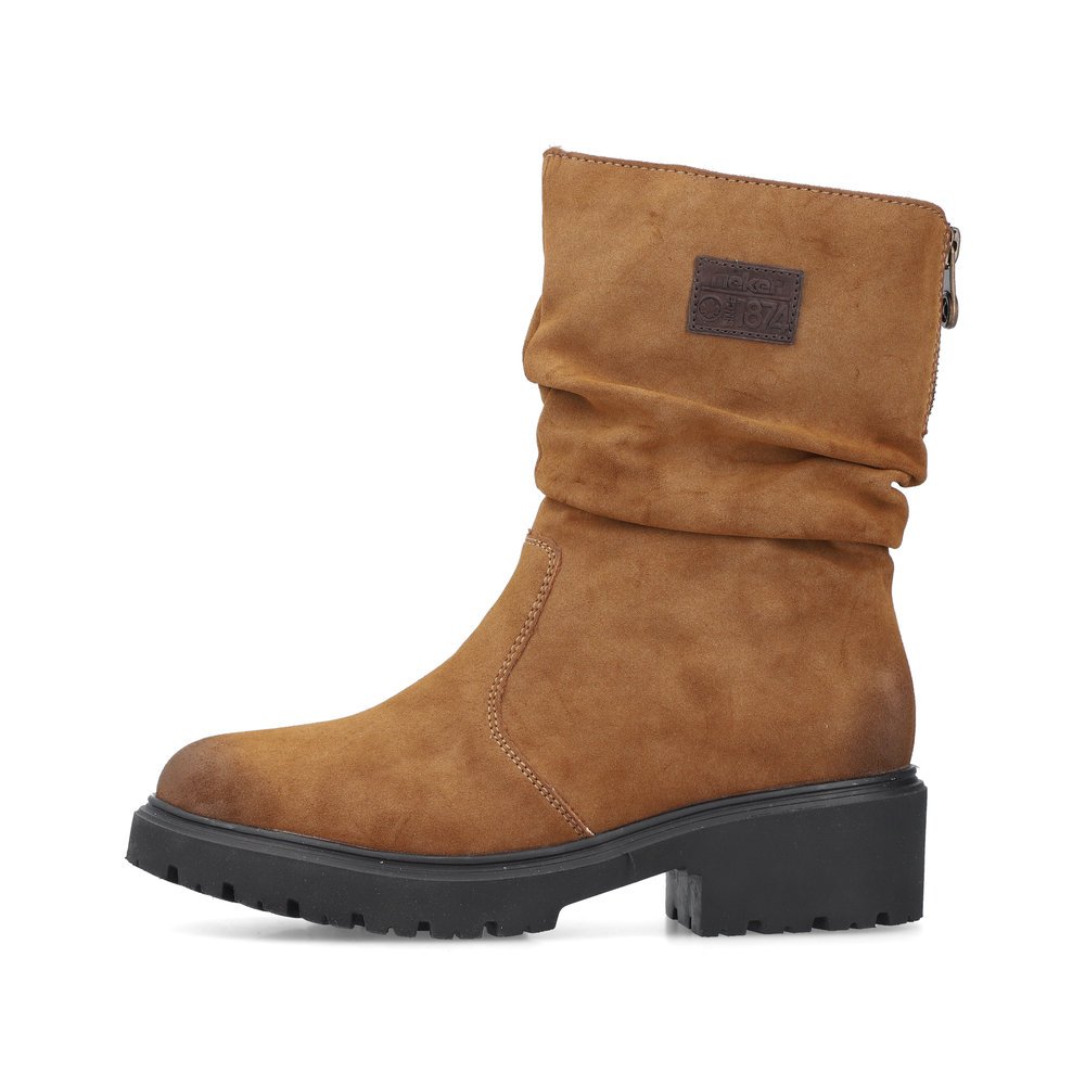 Brown Rieker women´s ankle boots 76062-24 with a zipper as well as comfort width G. Outside of the shoe.