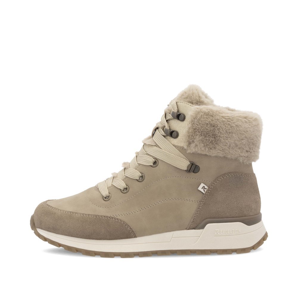 Beige Rieker Damen Schnürstiefel W0670-20 mit einer griffigen und leichten Sohle. Schuh Außenseite.