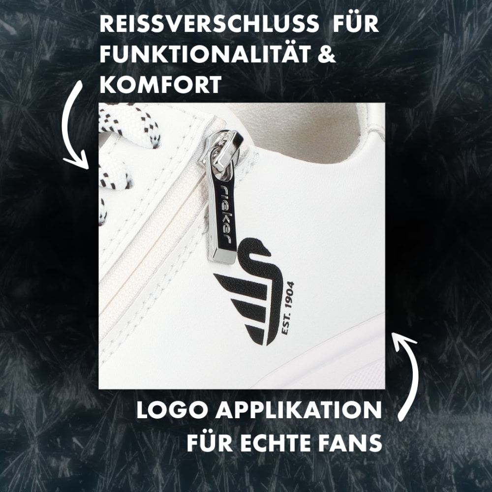 Detailaufnahme des Logos auf dem Rieker Damen Sneaker für Eishockeyfans der Schwenninger Wild Wings.