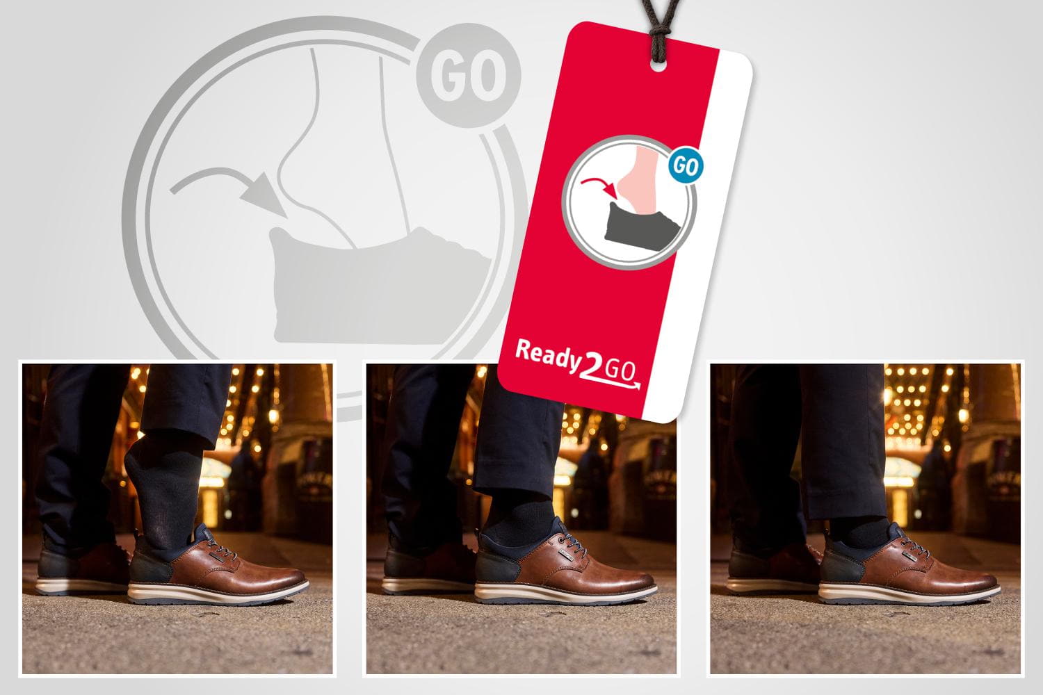 Grafik, die das Hineinschlüpfen per Ready2Go-Funktion von Rieker veranschaulicht.