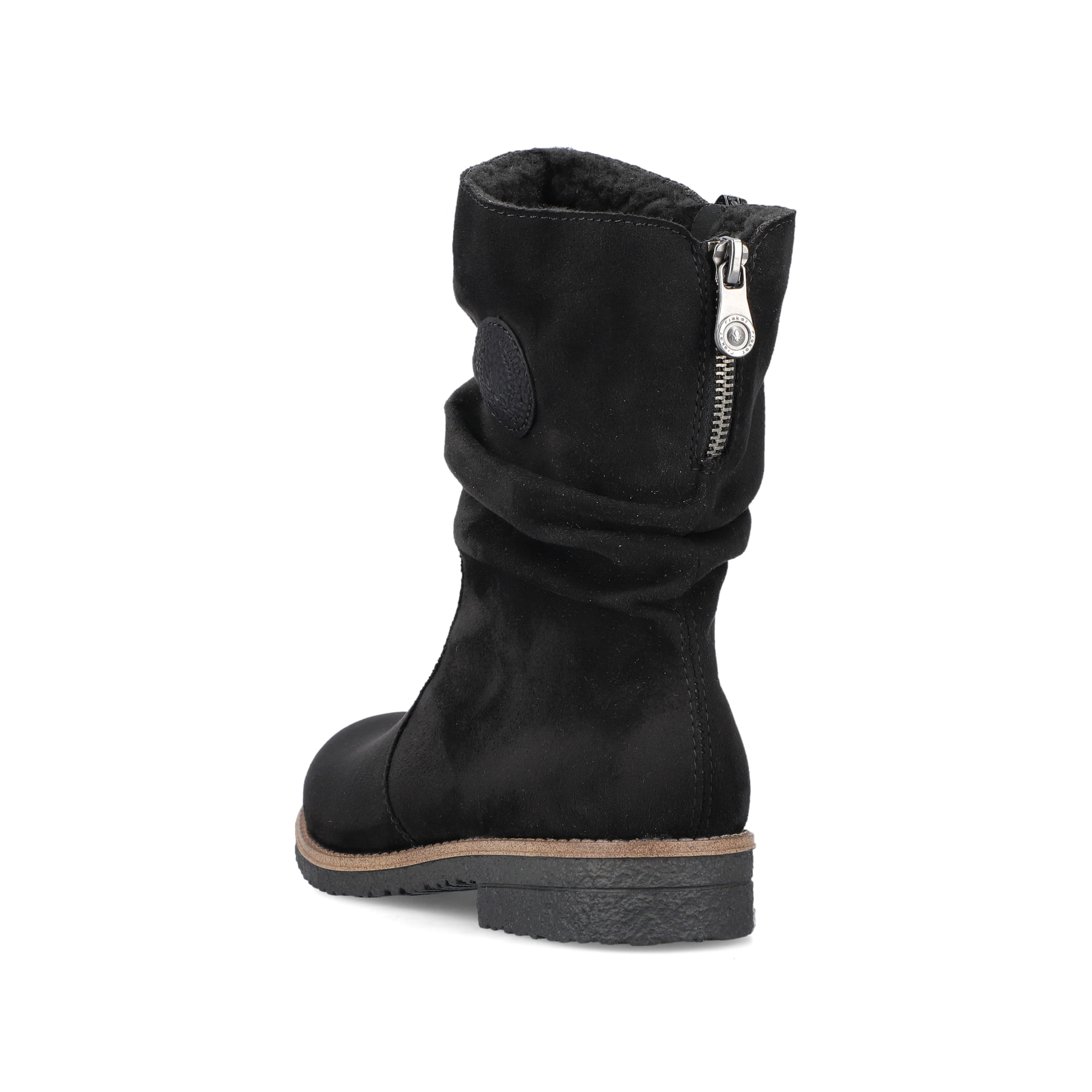 Graphitschwarze Rieker Damen Kurzstiefel 73560-00 mit einer robusten Profilsohle. Schuh von hinten