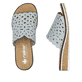 Blaue Rieker Damen Pantoletten V3693-10 mit Strasssteinen sowie leichter Sohle. Schuh von oben, liegend.