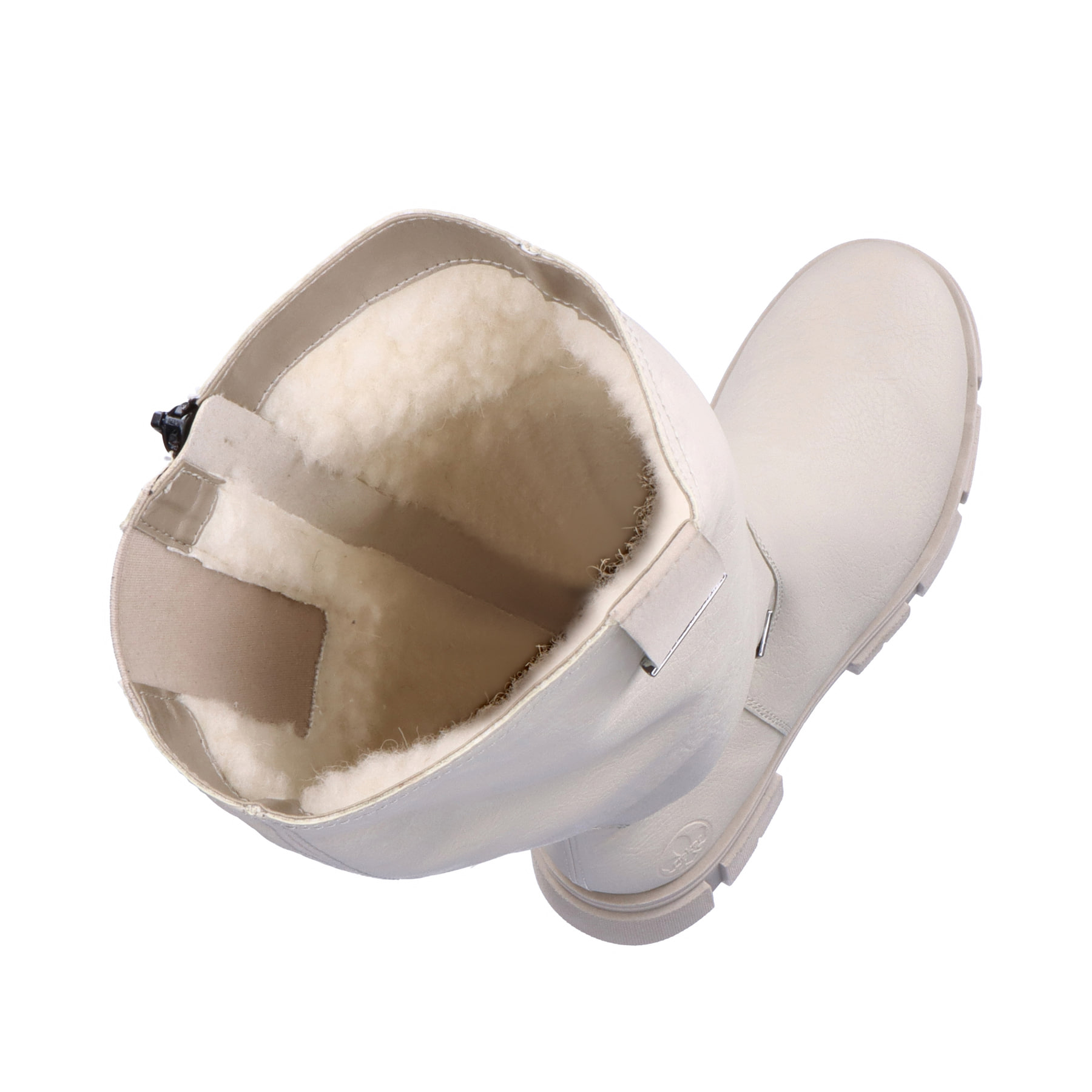 Cremefarbene Rieker Damen Hochschaftstiefel Y7190-60 mit einem Reißverschluss. Schuh von oben, liegend.