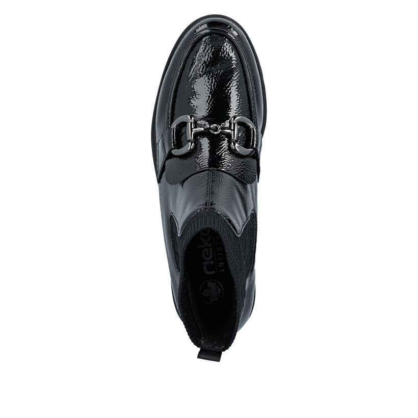 Schwarze Rieker Damen Kurzstiefel 45573-00 mit Schmuckelementen sowie Gummizug. Schuh von oben.