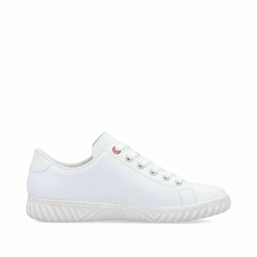 Baskets basses Rieker blanches pour femme N0900-81 en cuir lisse. Côté intérieur de la chaussure.