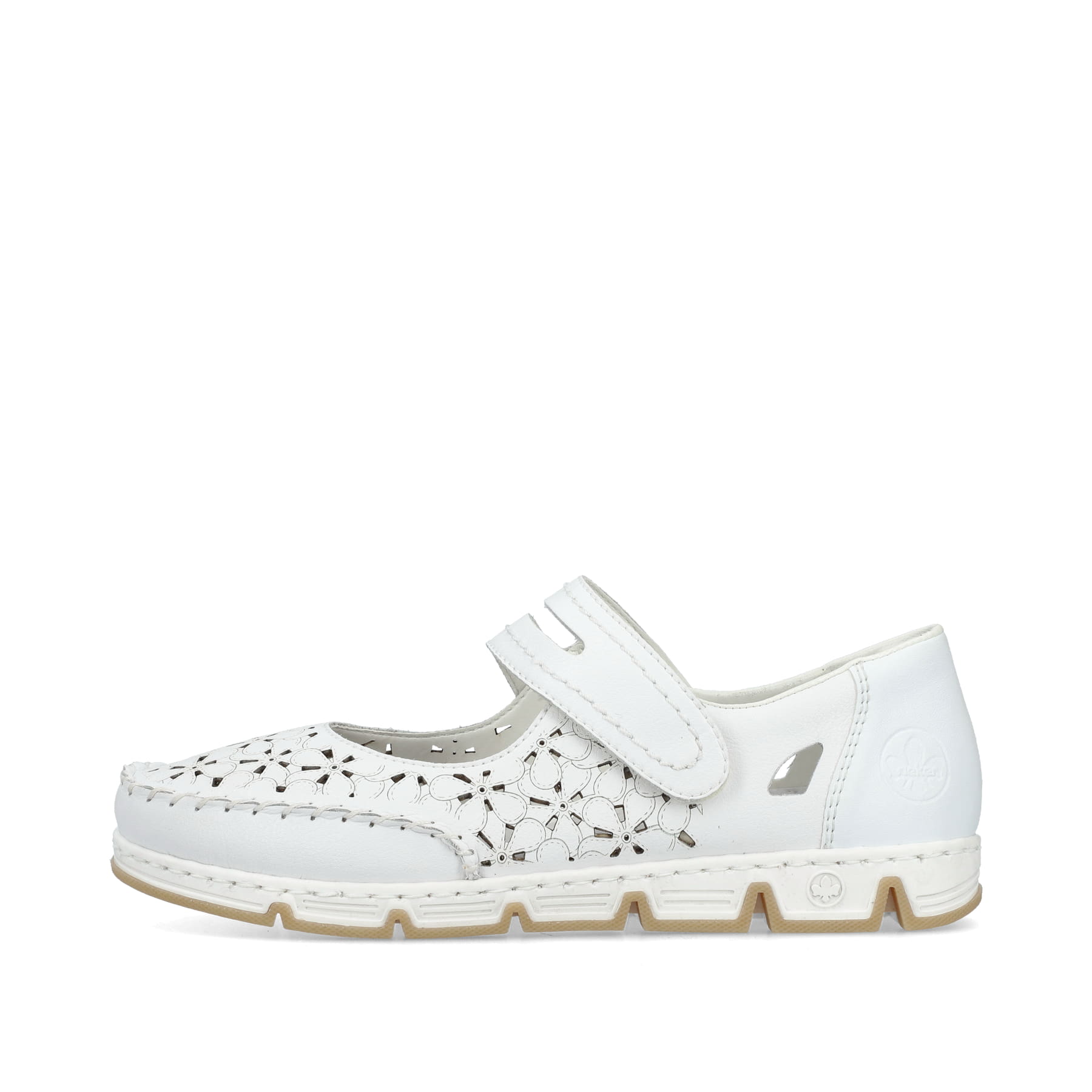 Weiße Rieker Ballerinas 49977-80, Barfußschuhe mit einem Klettverschluss. Schuh Außenseite.