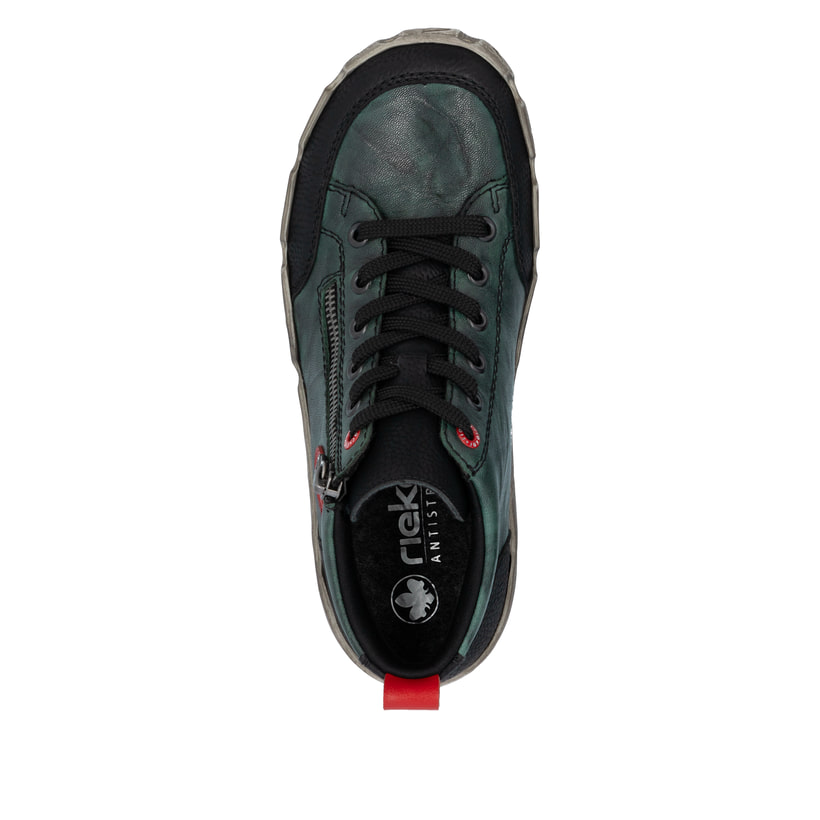 Grünschwarze Rieker Damen Kurzstiefel L0306-54 aus Glattleder mit rundem Logo. Schuh von oben.