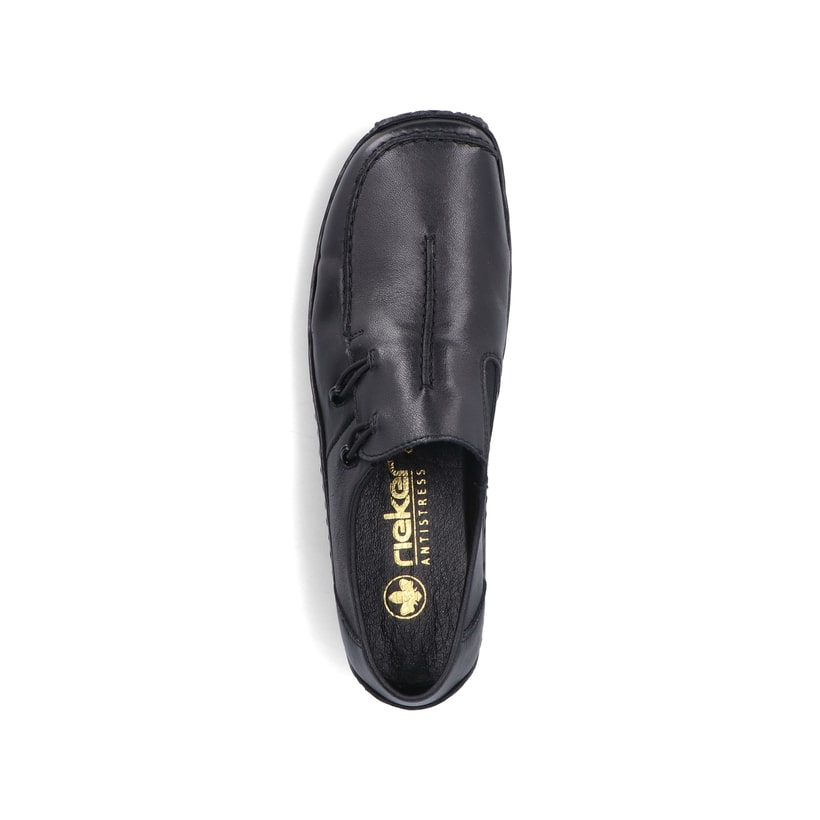 Schwarze Rieker Damen Slipper L1751-00 mit einem Gummizug. Schuh von oben.