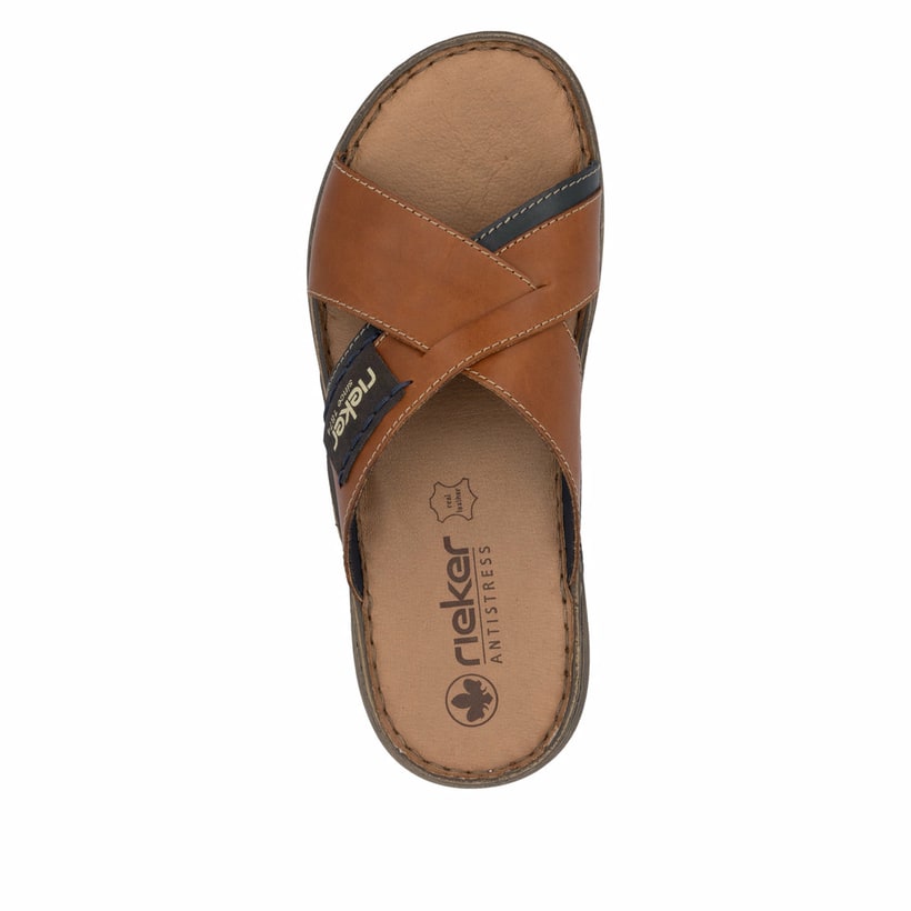 Braune Rieker Herren Pantoletten 22099-25 mit der Komfortweite G 1/2. Schuh von oben.