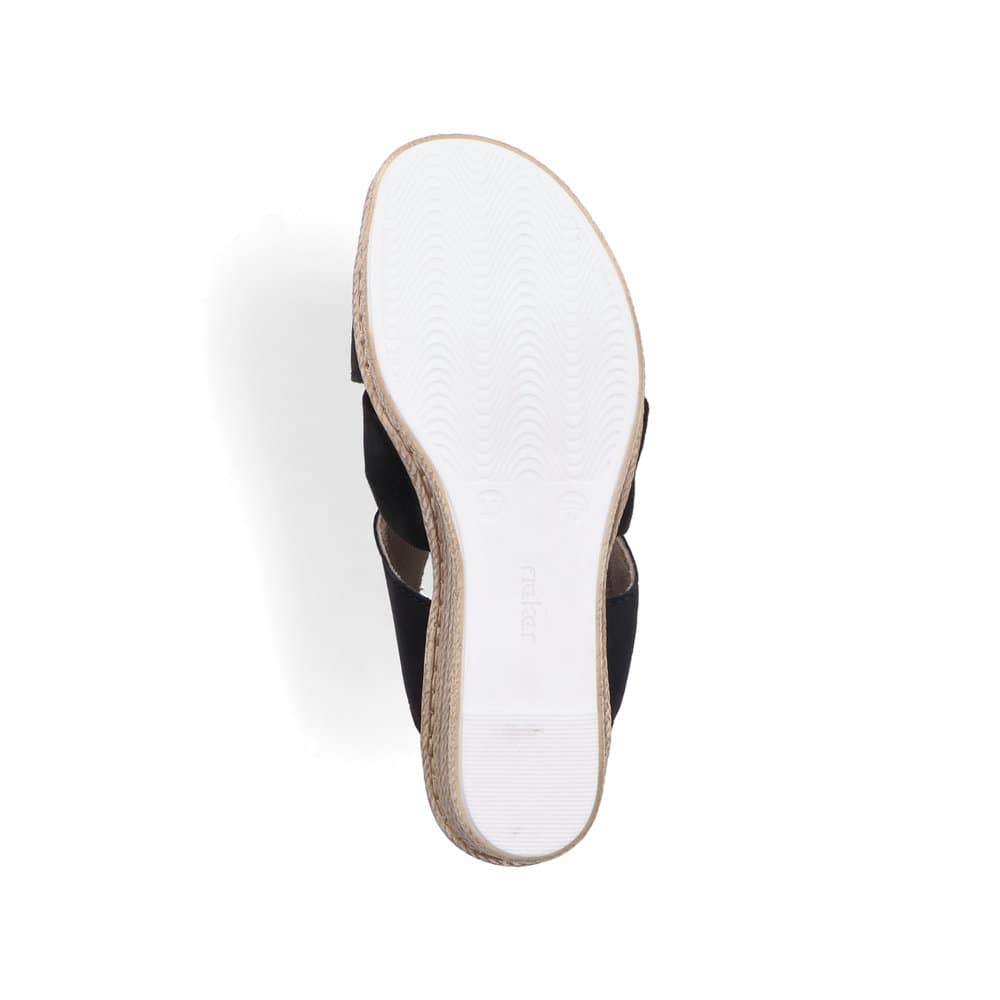 Schwarze Rieker Damen Pantoletten 68789-00 mit dekorativer Schleife. Schuh Laufsohle.