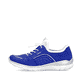 Himmelblaue Rieker Damen Slipper L3293-14 mit Gummischnürung sowie Löcheroptik. Schuh Außenseite.