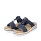 Marineblaue Rieker Damen Pantoletten V0620-14 mit einem Klettverschluss. Schuhpaar seitlich schräg.