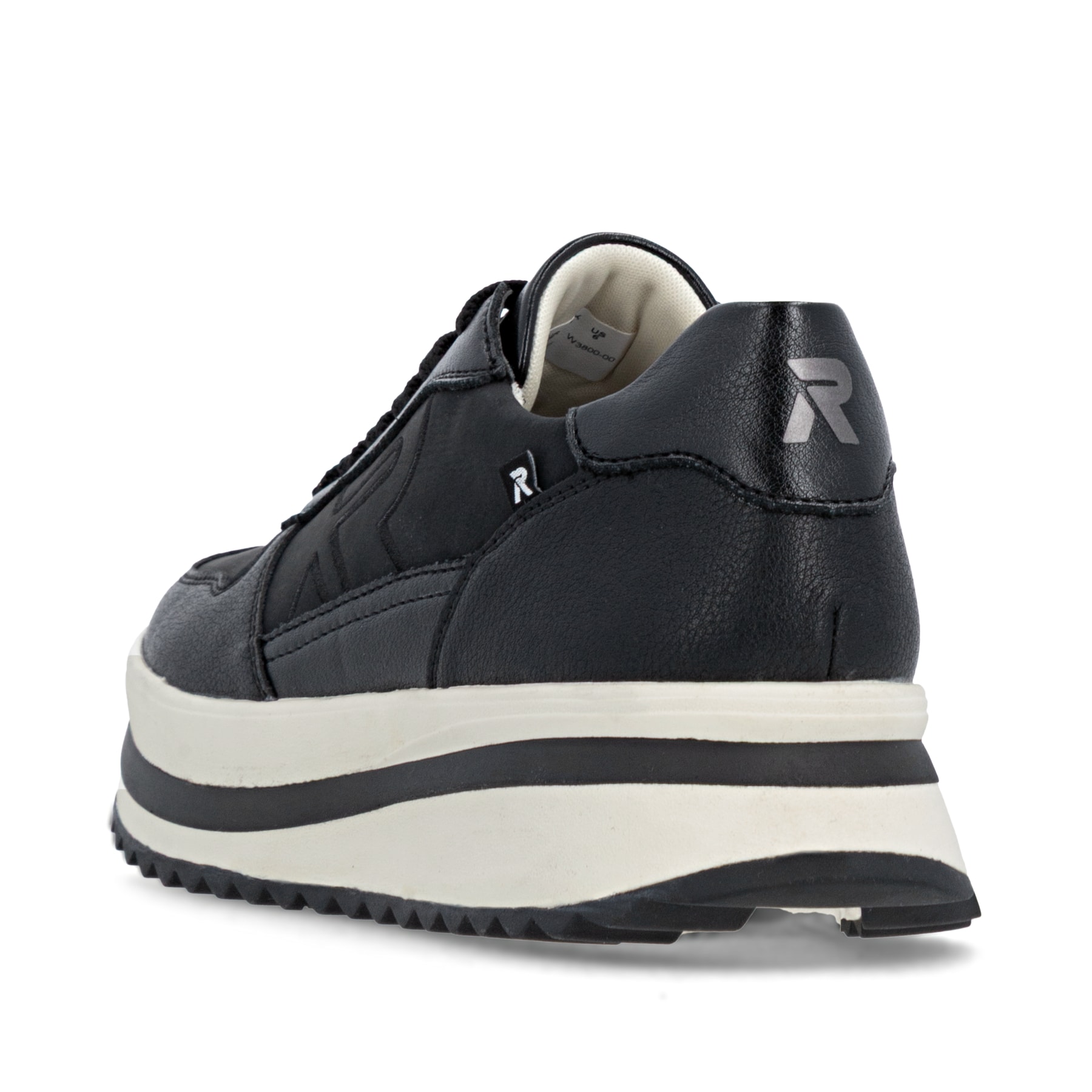 Schwarze Rieker Damen Sneaker Low W3800-00 aus Glattleder mit einer Schnürung. Schuh von hinten.