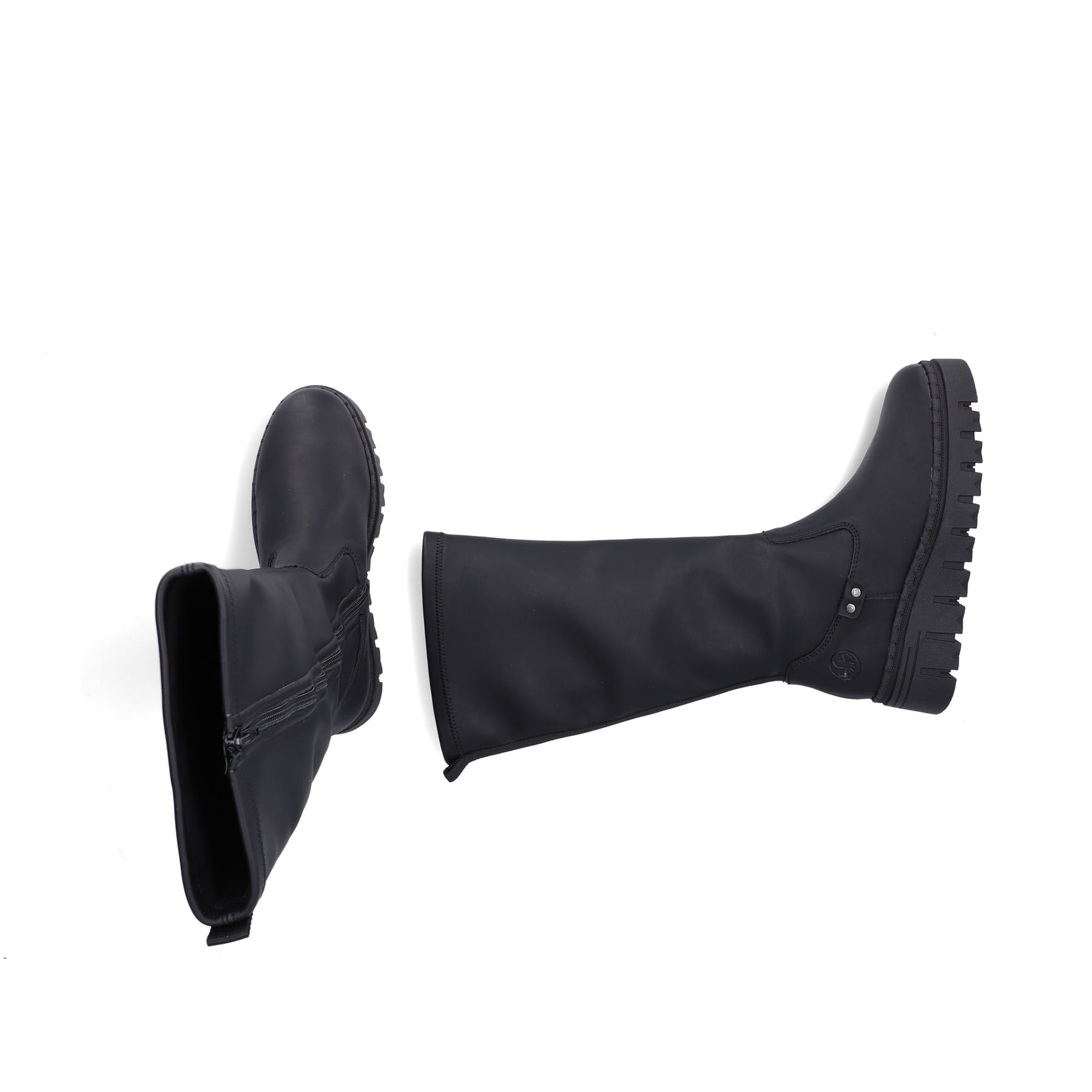 Schwarze Rieker Damen Hochschaftstiefel Z8990-00 mit einem Reißverschluss. Schuh von oben, liegend.