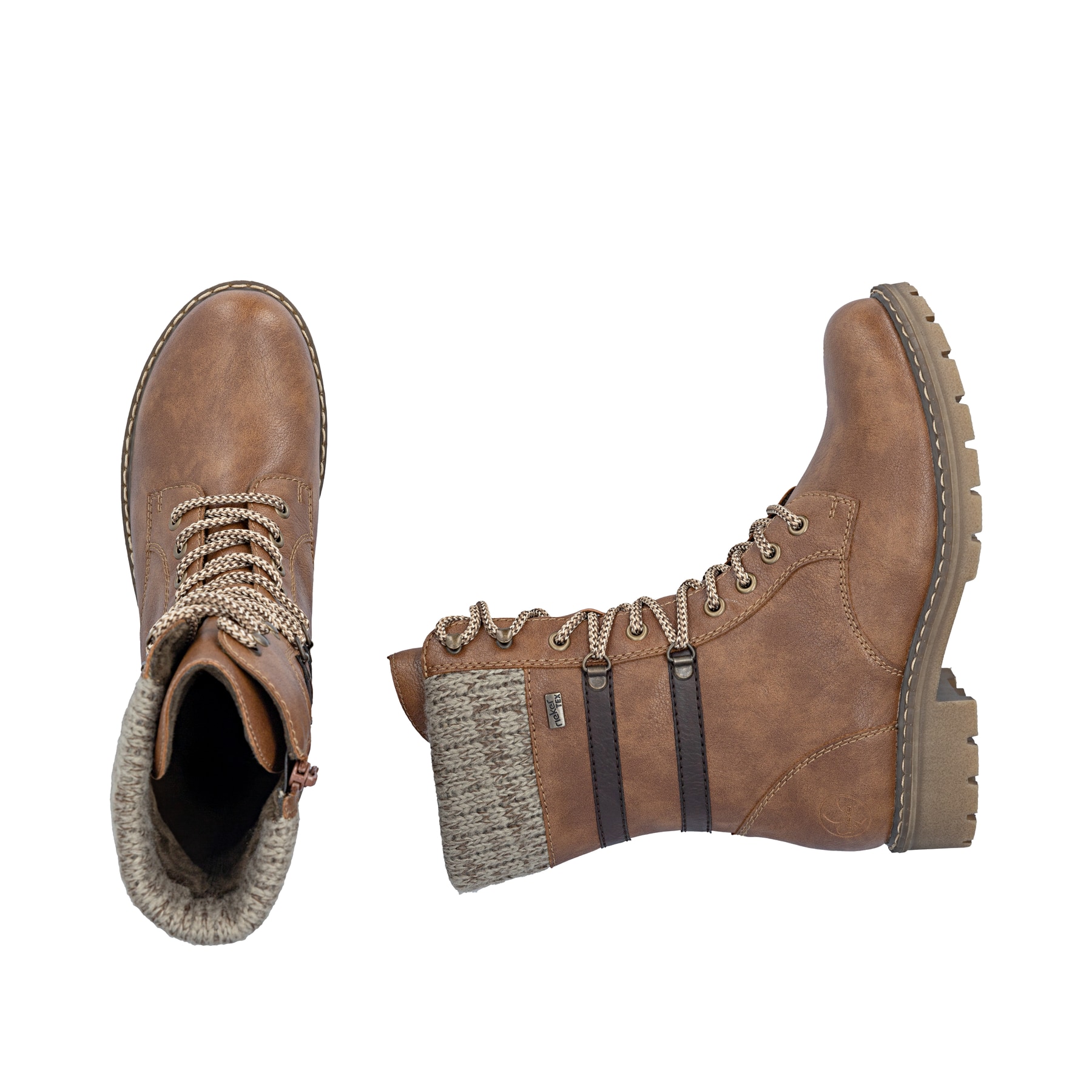 Zimtfarbene Rieker Damen Schnürstiefel Y9107-24 mit Strick-Kragen. Schuh von oben, liegend.