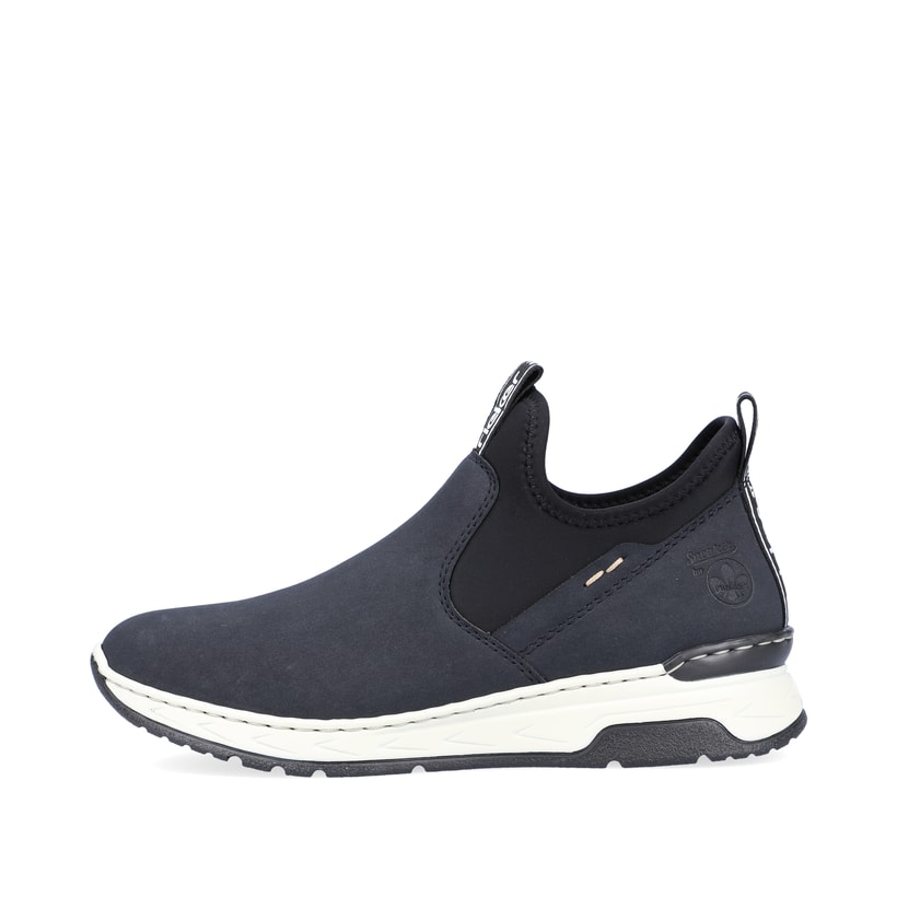 
Marineblaue Rieker Damen Slipper M0053-14 mit einer schockabsorbierenden Sohle. Schuh Außenseite
