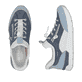Blaue Rieker Damen Slipper 58962-10 mit easy Hineinschlüpf-Möglichkeit. Schuh von oben, liegend.