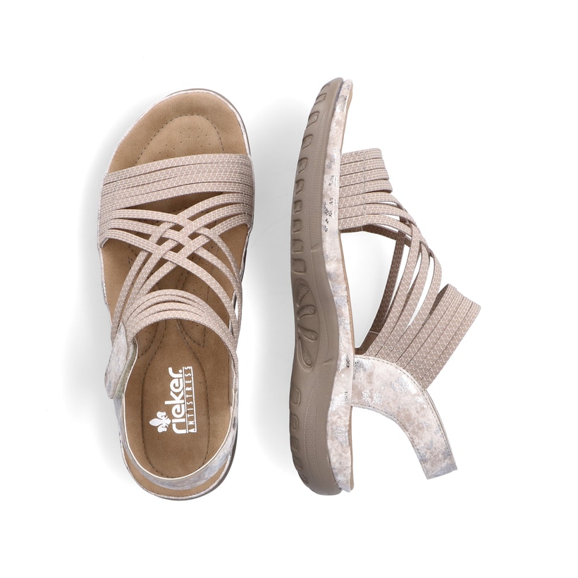 Beige Rieker Damen Trekkingsandalen 64888-60 mit einem Klettverschluss. Schuh von oben, liegend.