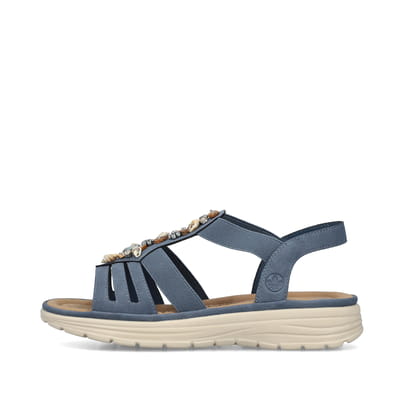 Blaue Rieker Damen Riemchensandalen V8549-10 mit Schmuckelementen sowie Gummizug. Schuh Außenseite.
