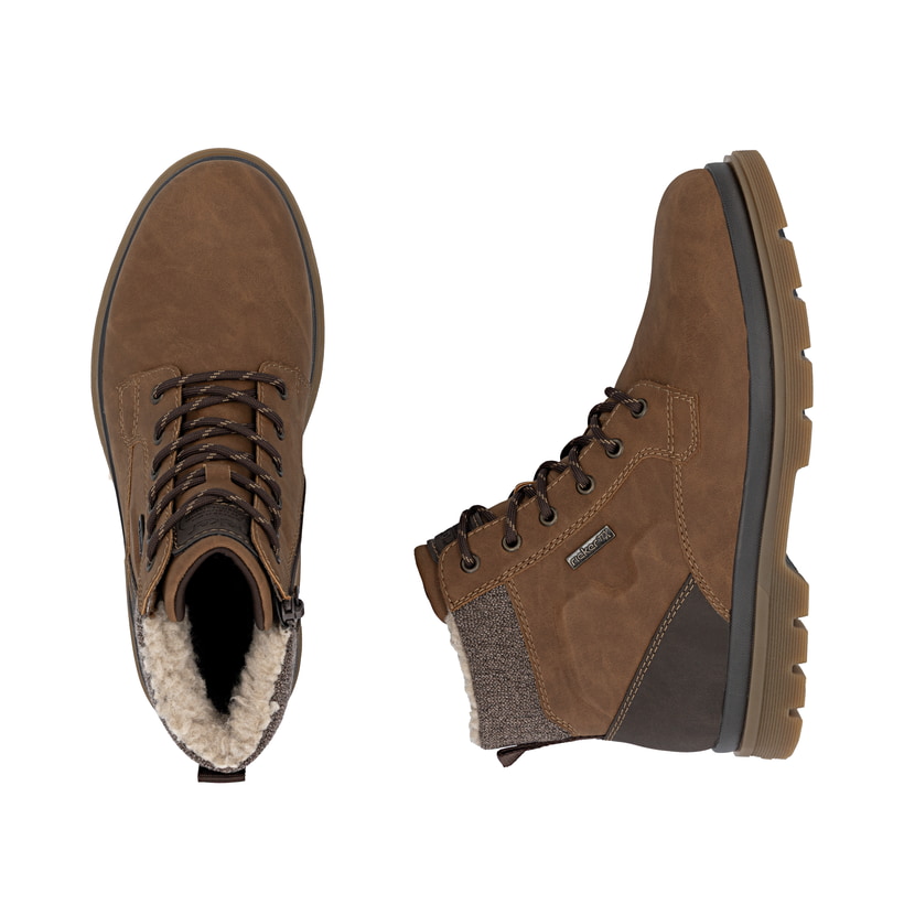 Braune Rieker Herren Schnürstiefel F7010-24 mit wasserabweisender TEX-Membran. Schuh von oben, liegend.