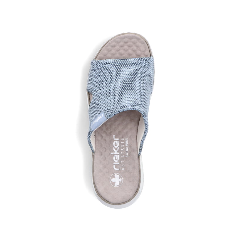 Blaue vegane Rieker Damen Pantoletten 65651-12 mit Rieker Air Sohlenfenster. Schuh von oben.