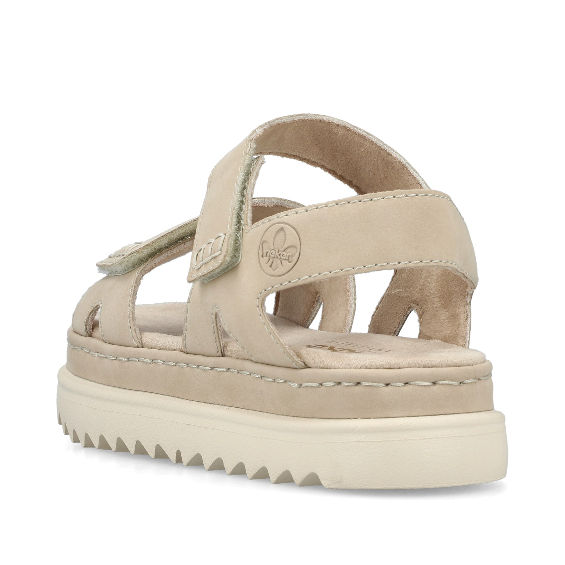 Beige Rieker Damen Riemchensandalen 61550-60 mit einem Klettverschluss. Schuh von hinten.
