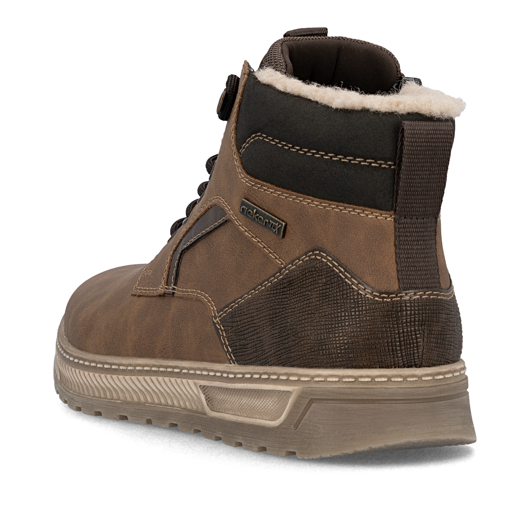 Braune Rieker Herren Schnürstiefel 37005-24 mit wasserabweisender TEX-Membran. Schuh von hinten.