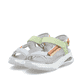 Mehrfarbige vegane Rieker Damen Trekkingsandalen W3151-90 mit Klettverschluss. Schuhpaar seitlich schräg.