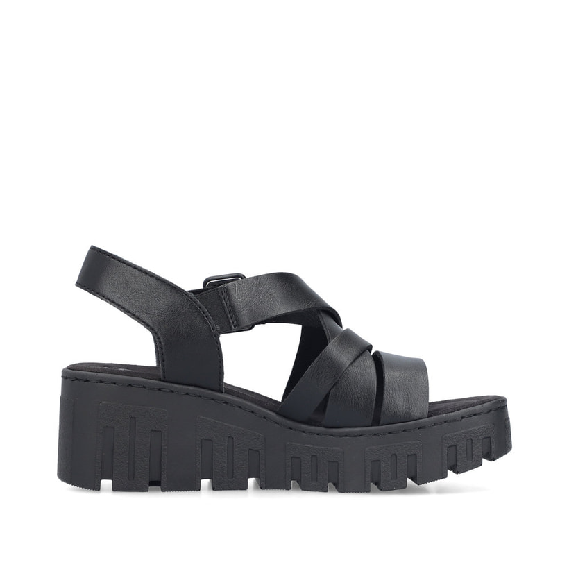 Schwarze Rieker Keilsandaletten 68063-00 mit trendiger Schnalle. Schuh Innenseite.