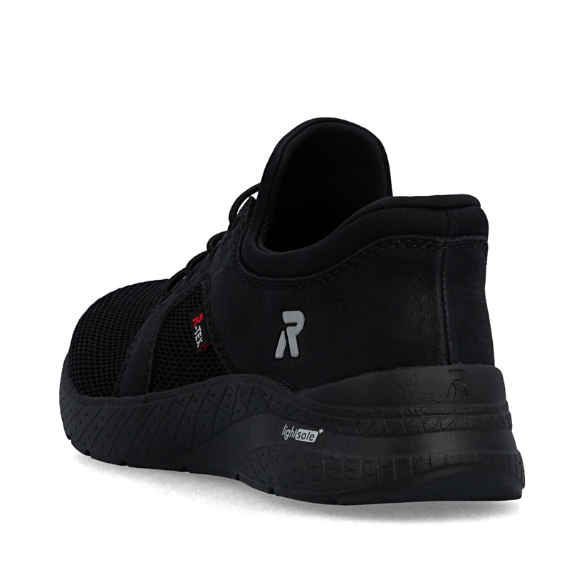 Mocassins Rieker noirs femmes M8550-00 avec membrane RiekerTEX hydrofuge. Chaussure vue de l'arrière.