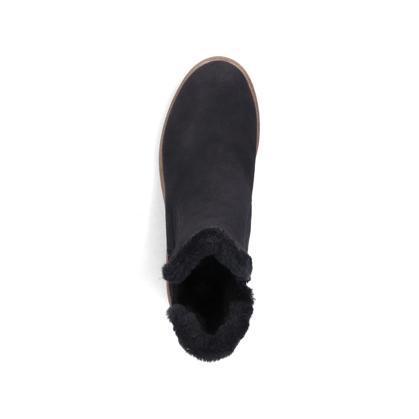 Schwarze Rieker Damen Chelsea Boots Z5076-00 mit Fellschaftrand. Schuh von oben.