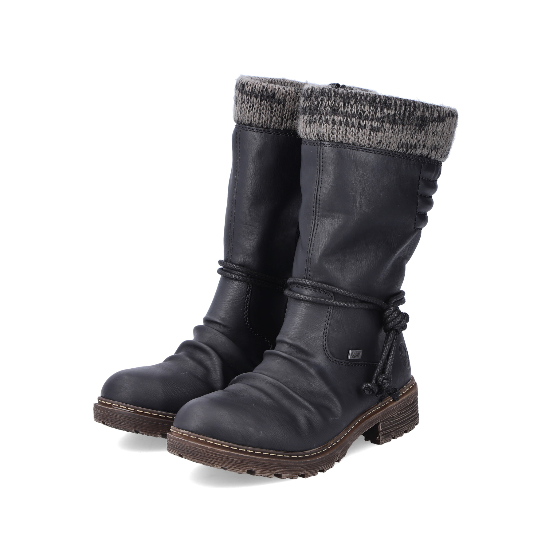 Schwarze Rieker Damen Hochschaftstiefel Z4755-00 mit Strick-Kragen. Schuhpaar seitlich schräg.