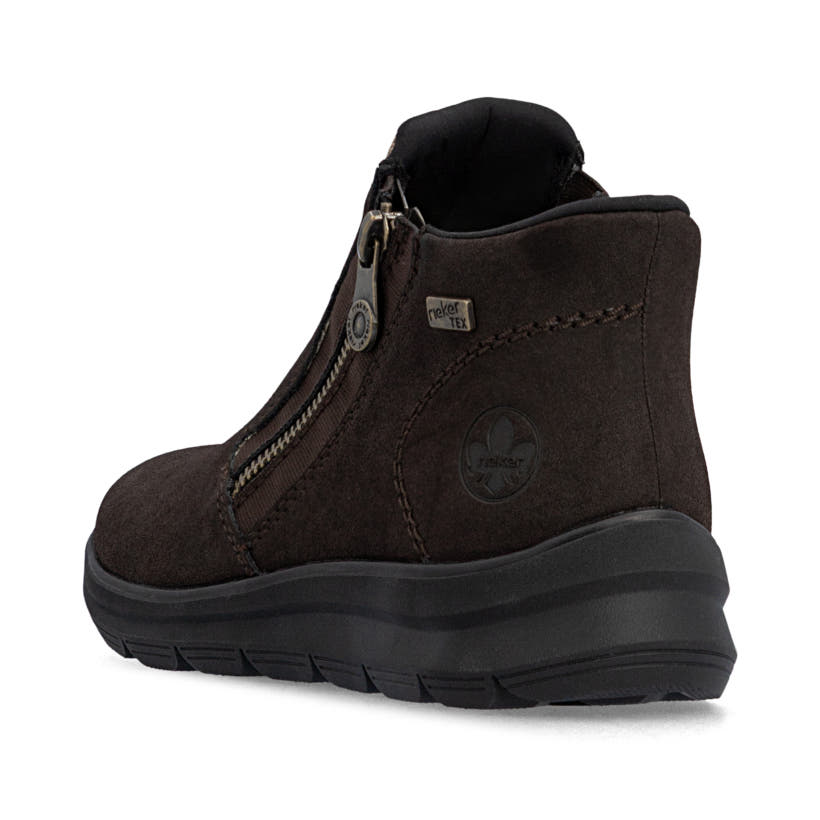 Dunkelbraune Rieker Damen Kurzstiefel Z0059-25 mit wasserabweisender TEX-Membran. Schuh von hinten.