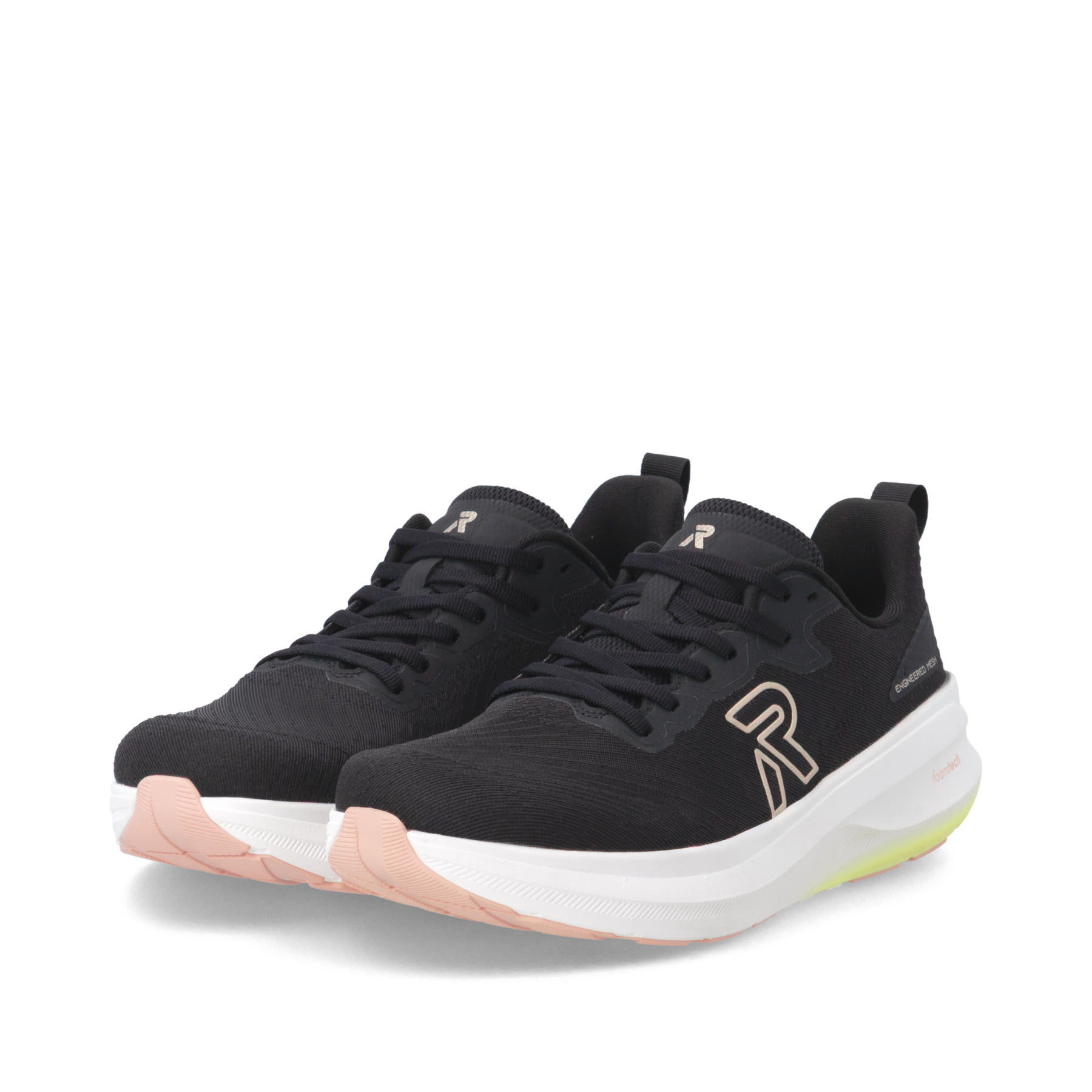 Schwarze Rieker Sport Damen Sneaker Low W4301-00. Schuhpaar seitlich schräg.
