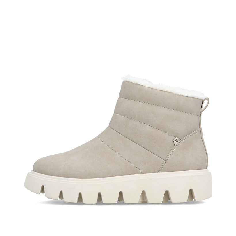Beige Rieker Damen Kurzstiefel W2070-62 aus Glattleder mit einem Reißverschluss. Schuh Außenseite.