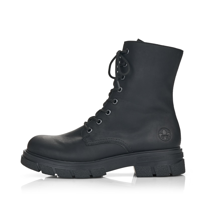 
Graphitschwarze Rieker Damen Biker Boots Z9120-00 mit einer robusten Profilsohle. Schuh Außenseite